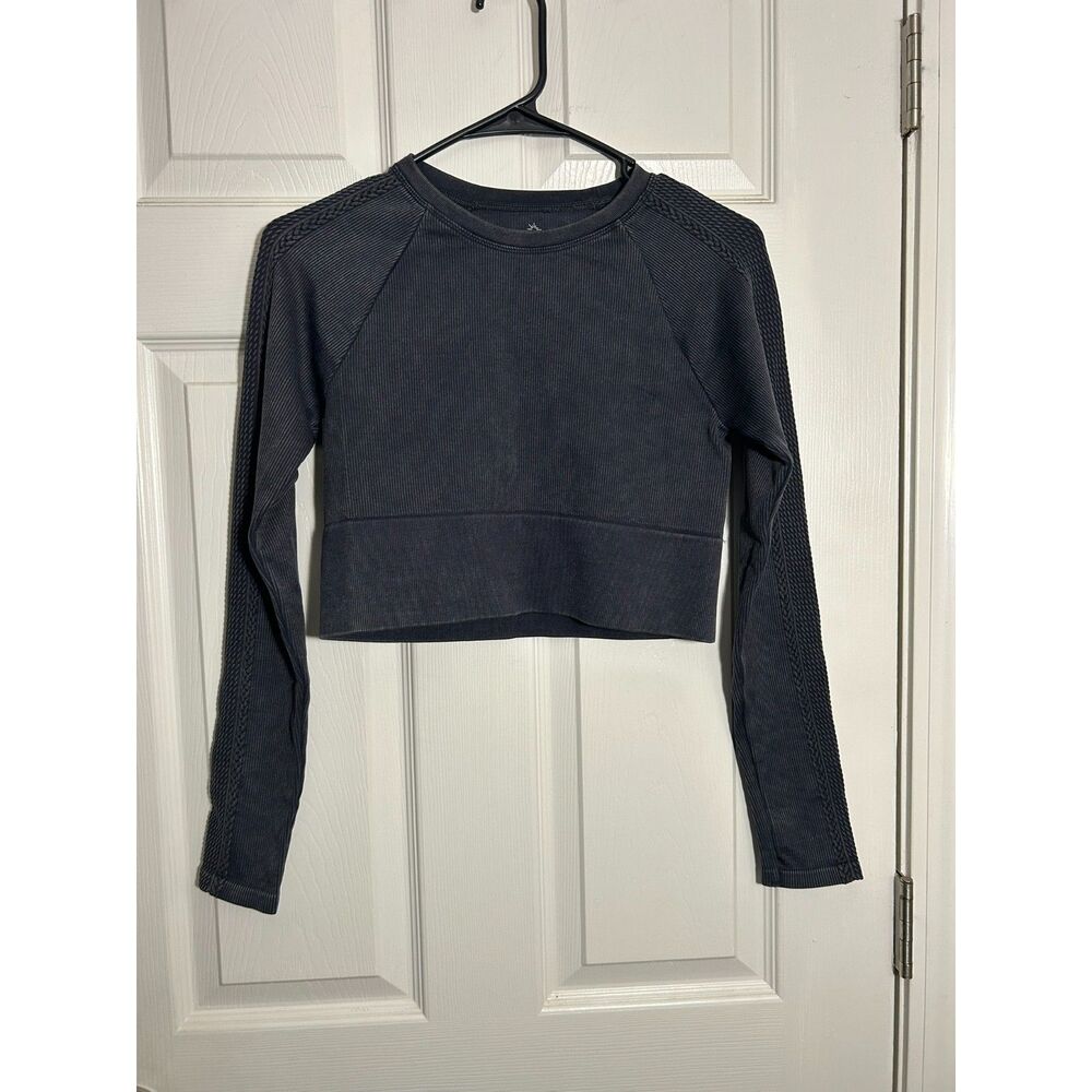 OFFLINE by Aerie Washed Charcoal Ribbed Long Sleeve Cropped Active Top Medium M
